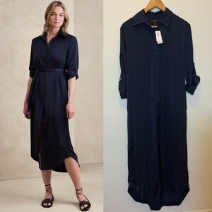 Satin Crepe Maxi Shirtdress - Preppy Blue